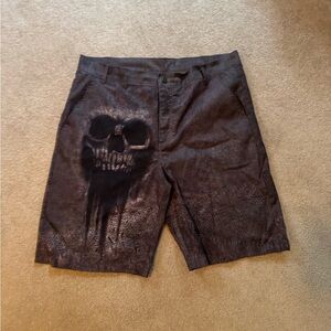 Black Flat Front Shorts with Edgy Skull Design